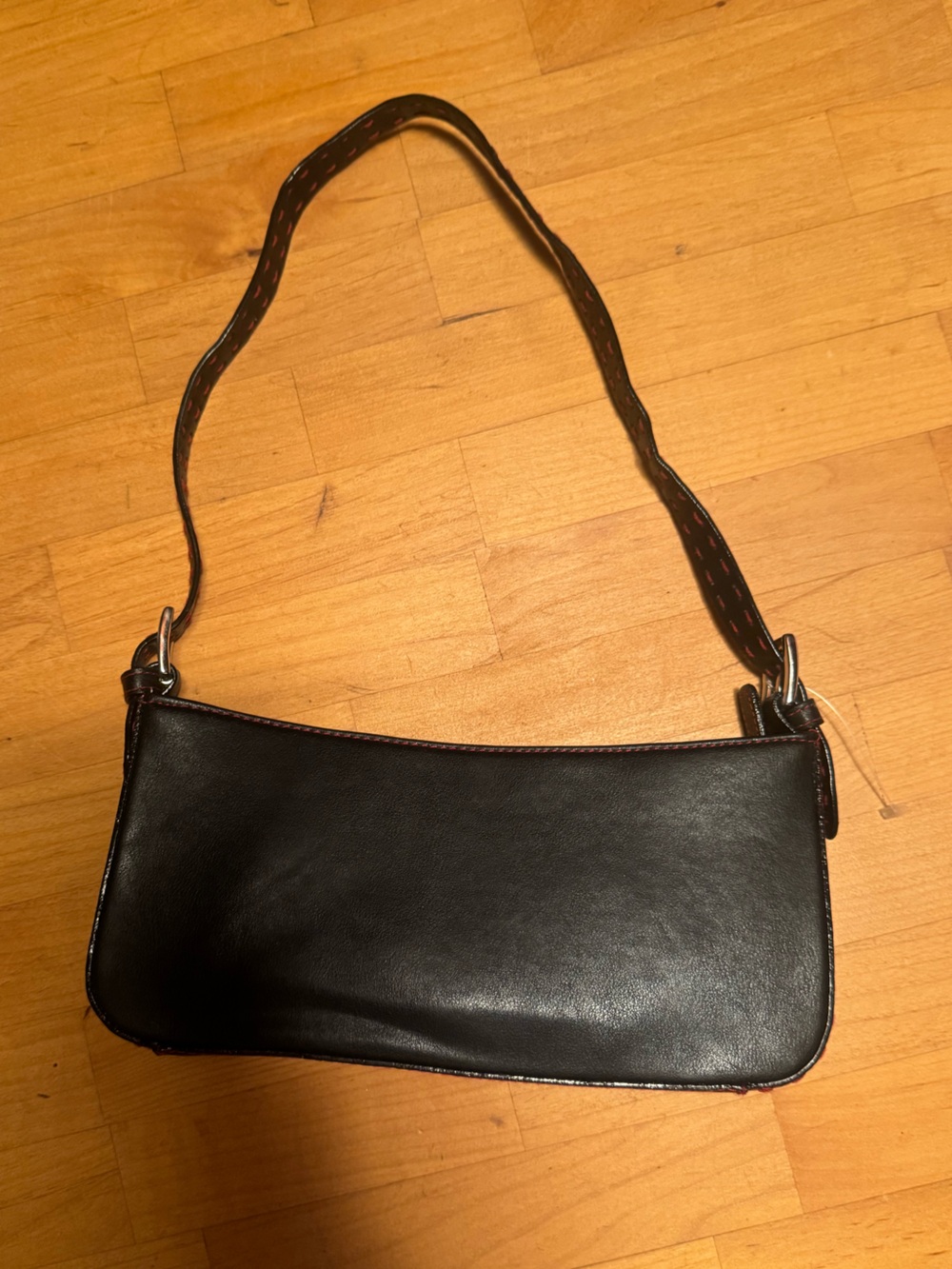 Vintage women’s  Black Leather Shoulder Bag with red stitching